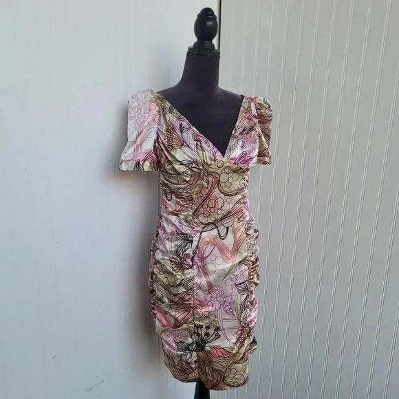 Donna Rae Satin Shiny Pink Green Day Stretch Dress Rutched Short Puff Sleeves 6 - Picture 8 of 15